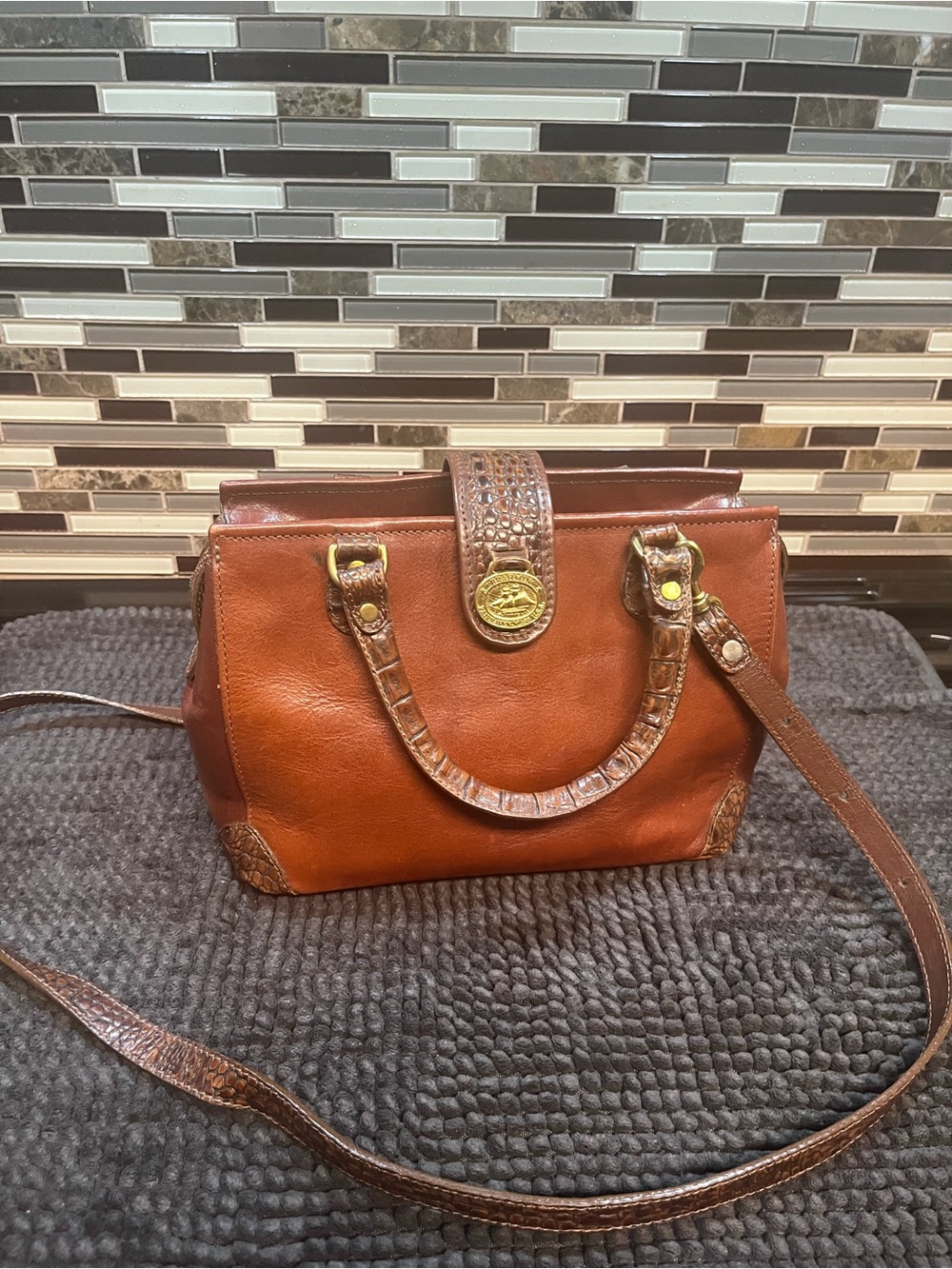 Brahmin Vintage Chestnut Brown Leather Crossbody with Croc-Trim & Gold Hardware